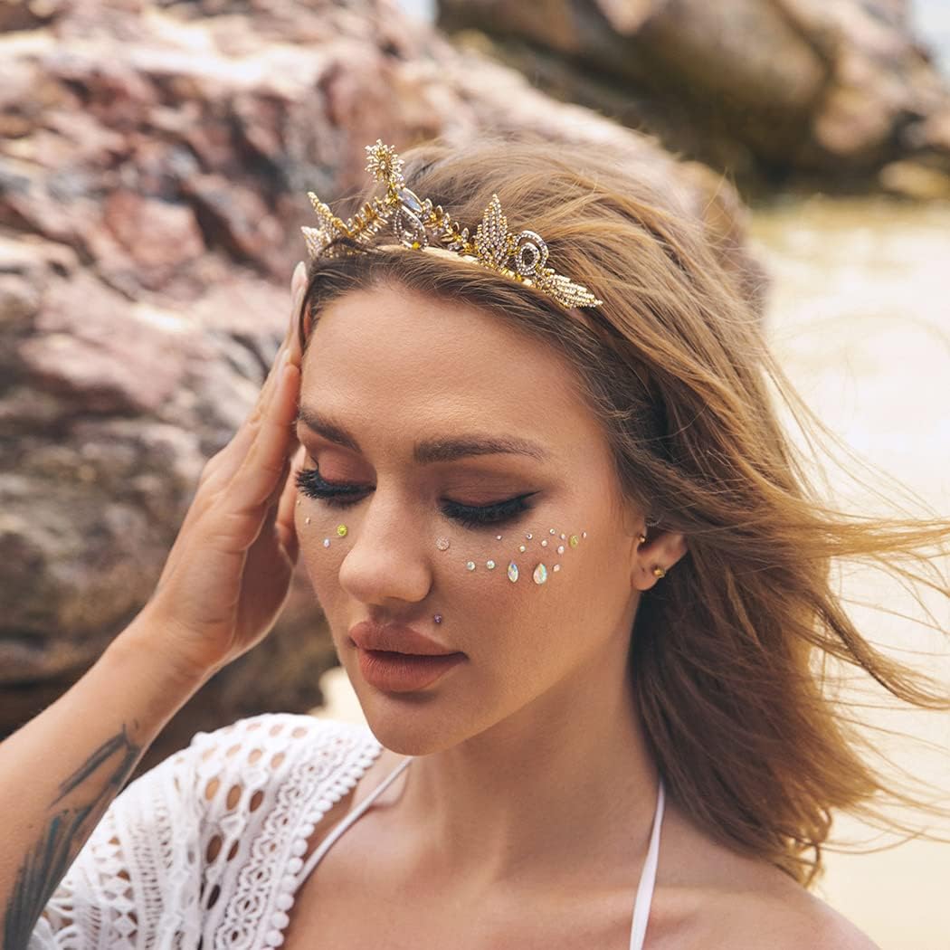 Formery Diadema de corona de diamantes de imitación de hojas doradas con forma de gota de agua, diosa, diadema para boda, fiesta, graduación, hojas
