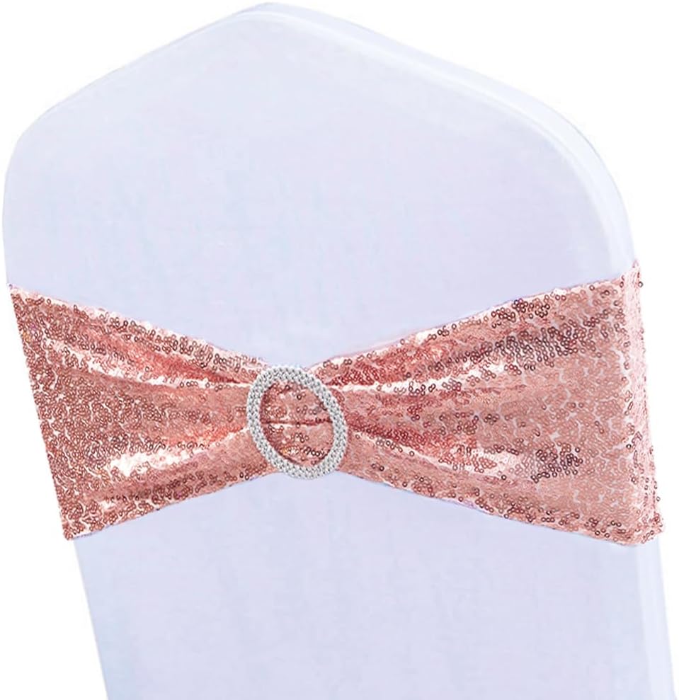 Paquete de 100 bandas de lentejuelas para sillas de color oro rosa, lazos para sillas plegables de fiesta de boda, banda de oro rosa con hebillas