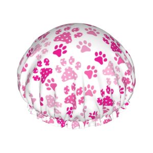 Gorro de ducha con estampado de pata de perro, color rosa, ajustable, doble capa impermeable, sombrero de ducha para baño, protección para el Gorro de ducha con estampado de pata de perro, color rosa, ajustable, doble capa impermeable, sombrero de ducha para baño, protección para el