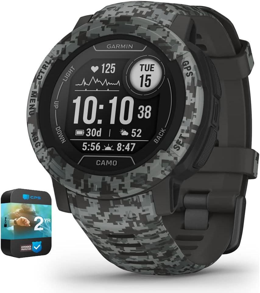 Garmin 010-02626-13 Instinct 2 Camo Edition GPSRastreador de fitness Graphite Camo Bundle con paquete de protección mejorada CPS de 2 años