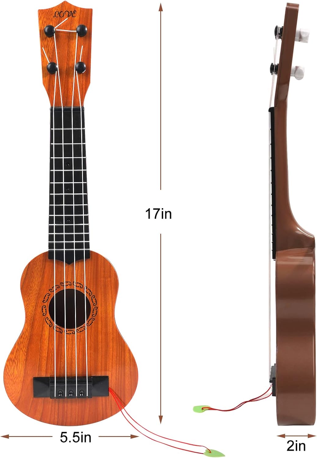 Raimy Guitarra ukelele de 17 pulgadas para niños, 4 cuerdas, mini guitarra para niños, instrumentos musicales, juguetes educativos con púas para