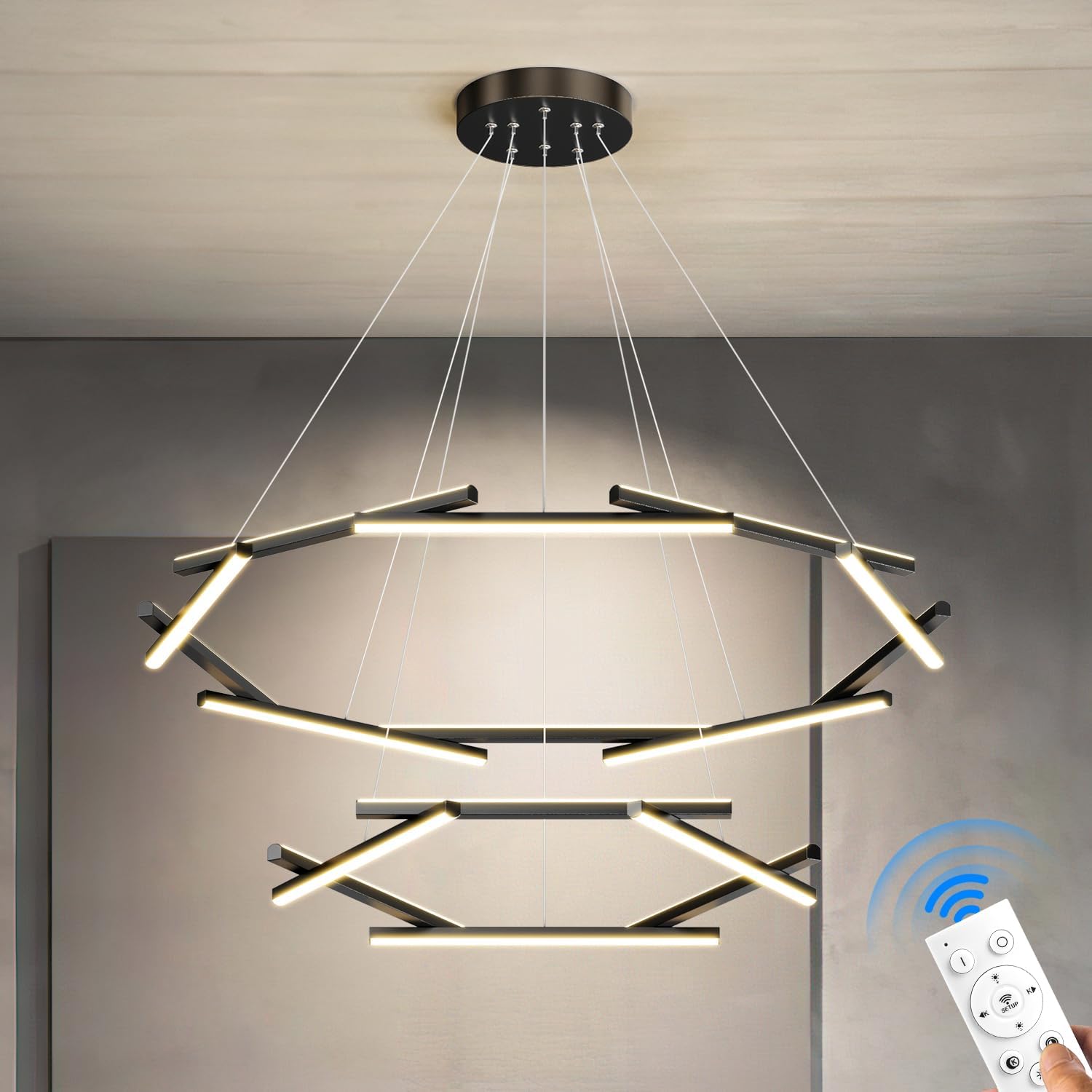 Candelabro LED moderno de 38.2 pulgadas, lámpara de araña regulable de 2 anillos con control remoto, 16 luces colgantes para cocina, isla, sala de