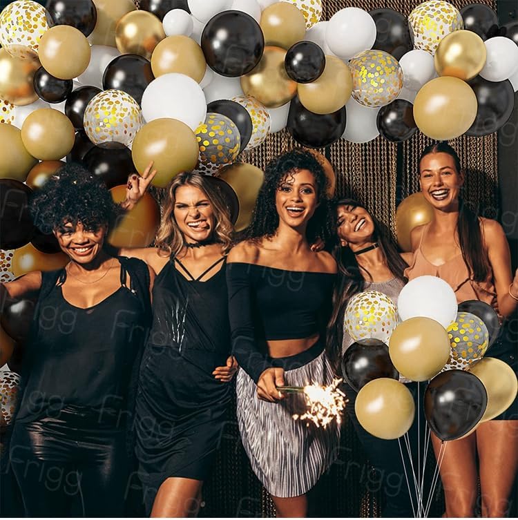 Decoraciones de Año Nuevo 2024, globos de confeti de oro negro, 52 globos de confeti dorado blanco y negro de 12 pulgadas con cintas doradas para