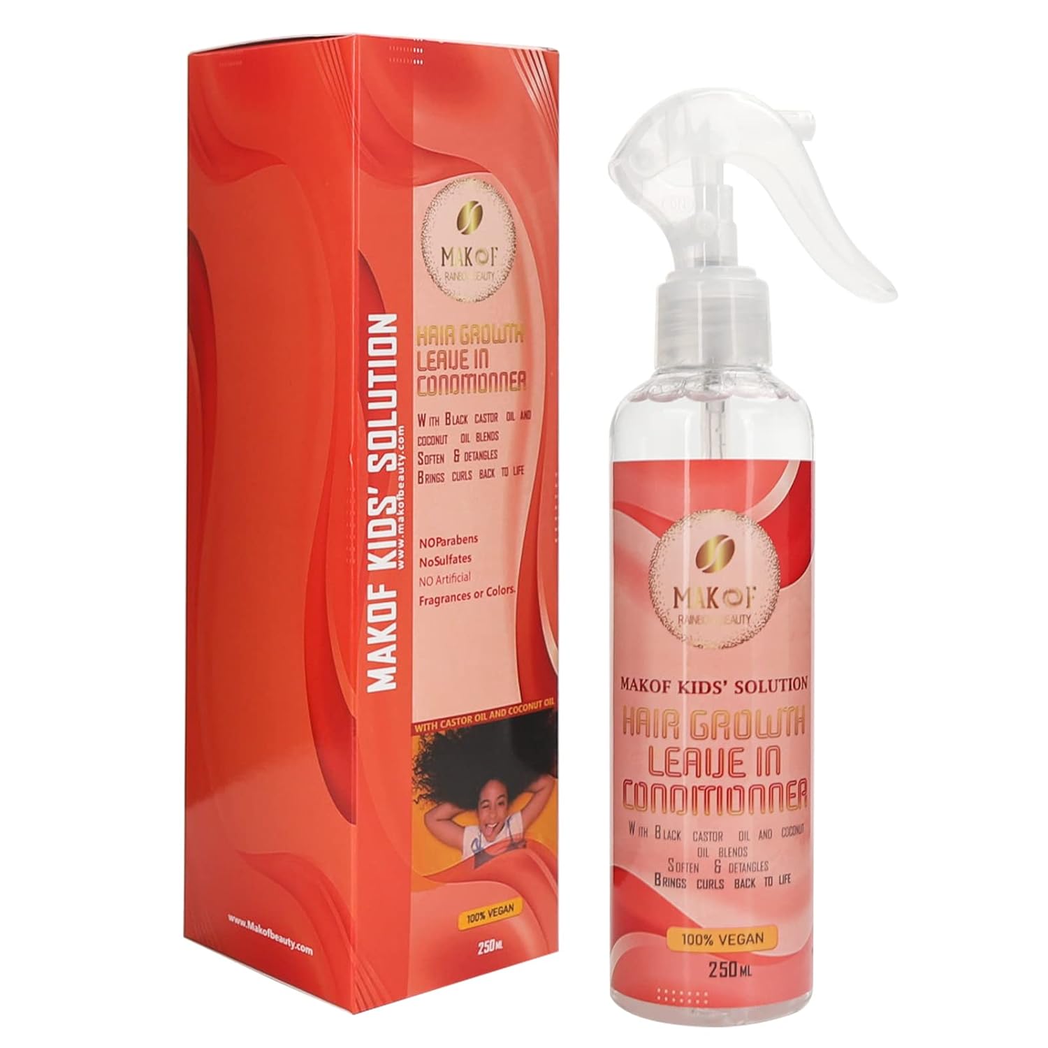 Spray acondicionador sin enjuague para rizos y aceite para el cabello para niños con aceite de coco y ricino. Hidratante diario, desenredante y