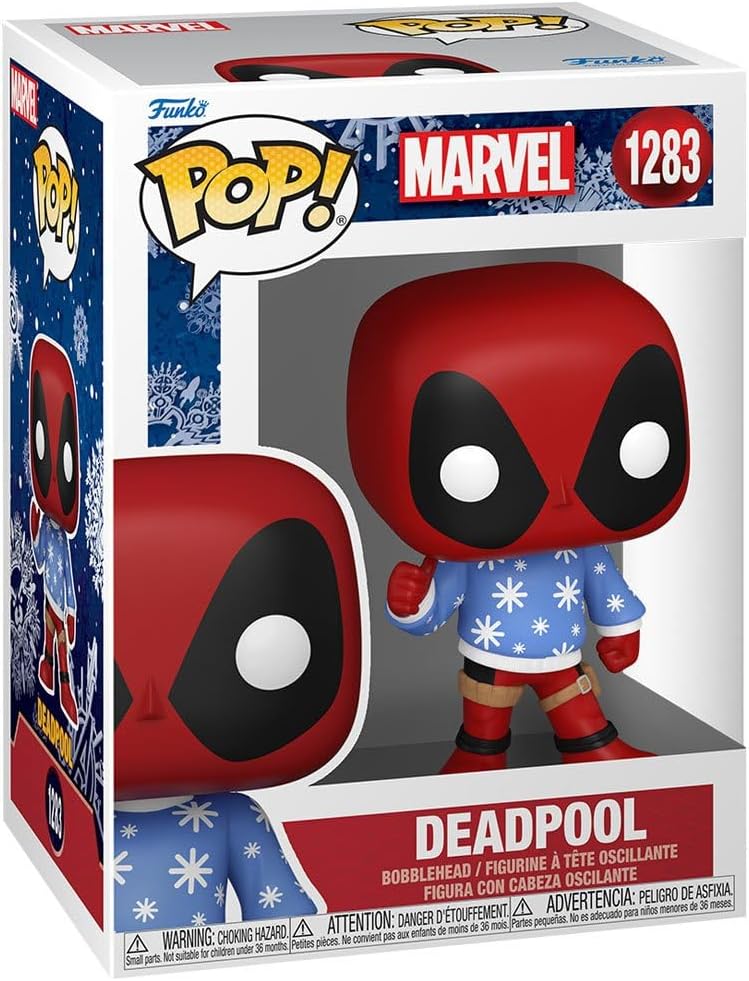 POP Marvel Holiday – Figura de vinilo de Funko Deadpool con suéter feo (paquete con funda protectora de caja compatible), multicolor, 3.75 pulgadas