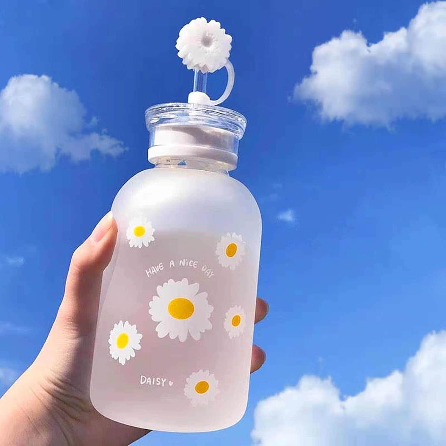 Milk Juice – Lindas botellas de agua estéticas lindas para mujeres, botella de agua portátil de vidrio esmerilado Kawaii Little Daisy con popote y 2