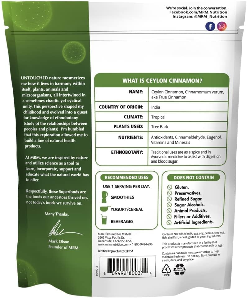 MRM Nutrition Organic Ceilán canela en polvo  Superalimentos  Canela verdadera  Antioxidantes  Salud del corazón  Vegano + Sin gluten  113 porciones