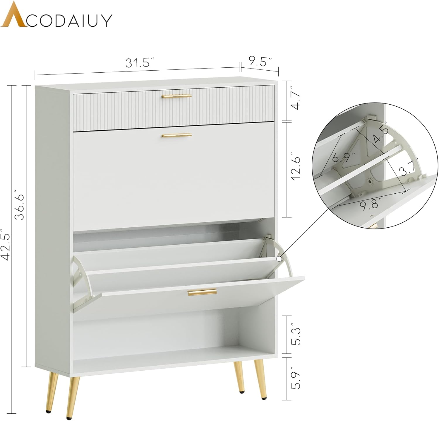 Acodaiuy Gabinete de almacenamiento de zapatos con 2 cajones abatibles, organizador de zapatos de pie para entrada, color blanco