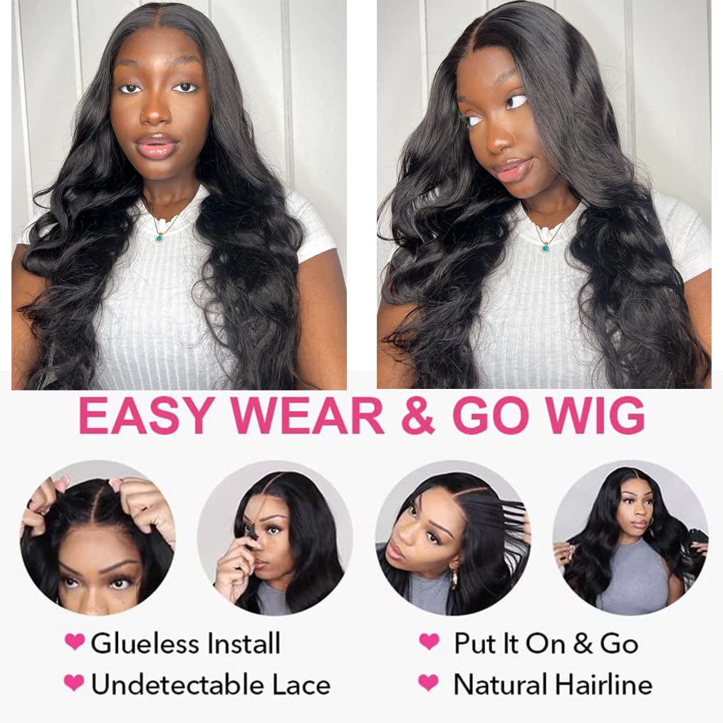 cixhygsa Wear and Go – Pelucas de cabello humano con encaje frontal sin pegamento, pelucas de cabello humano ondulado prearrancado, sin pegamento,