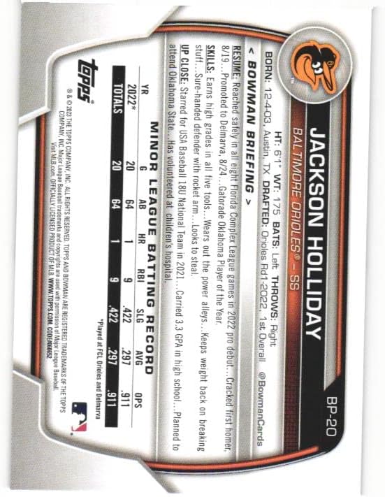 JACKSON HOLLIDAY 2023 Bowman Prospects Card #BP20 Baseball Rookie RC Baltimore Orioles