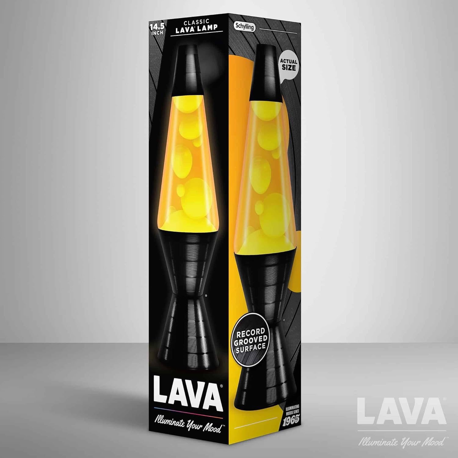 LAVA Lámpara de 14.5” Disco de vinilo con base ranurada – La luz de movimiento original – Cera amarilla y líquido naranja – 2017