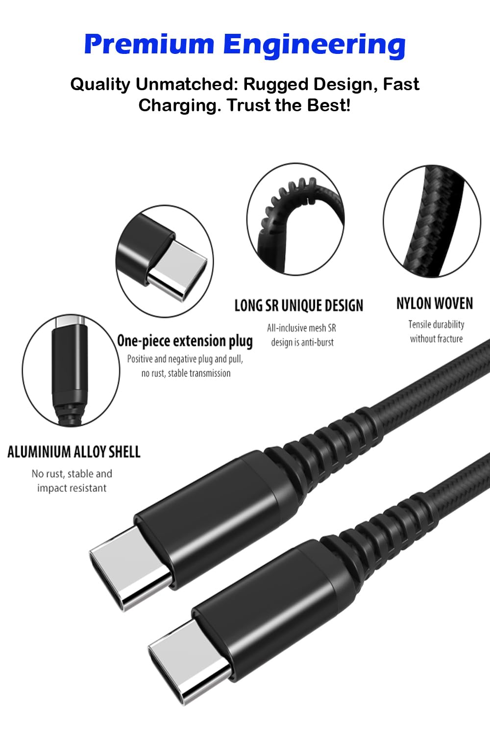 Paquete de 5 cables USB tipo C a C 6 pies, carga rápida de 3.0 A  USB tipo C a tipo C de 60 W PD de carga rápida cables trenzados de nailon