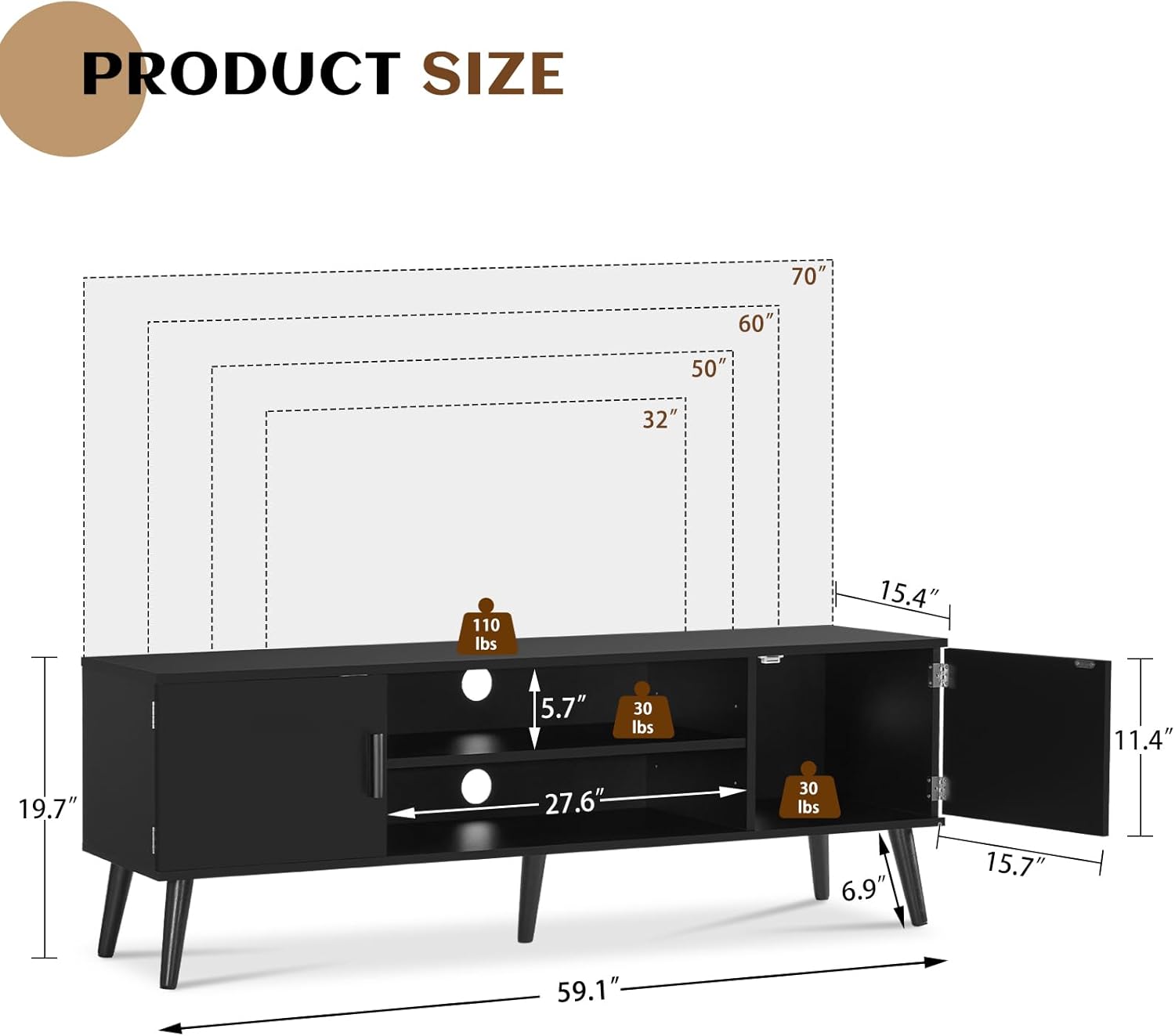 Iwell Soporte de TV para TV de 55, 65, 70 pulgadas, consola de TV con almacenamiento y estantes ajustables, centro de entretenimiento, soporte de TV