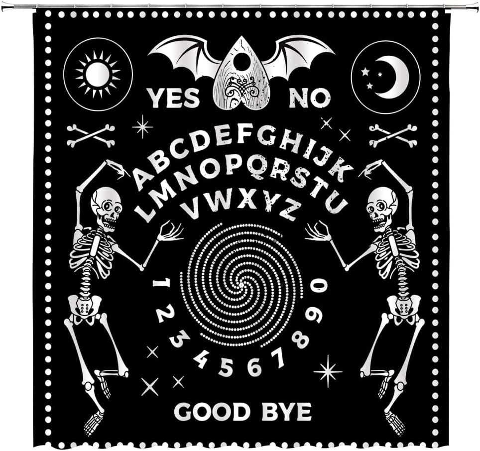 Cortina de ducha de bruja, tablero de ouija, calavera, brujería, tarot gótico, psíquico, Halloween, sol, luna, polilla, decoración misteriosa,