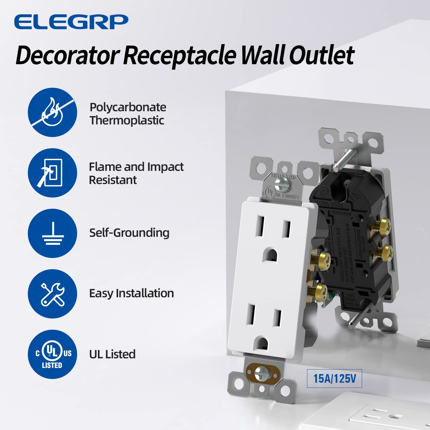 ELEGRP Receptáculo decorativo blanco mate, toma de pared eléctrica estándar de 15 A 125 V, 2 polos de 3 cables, resistente a manipulaciones, NEMA