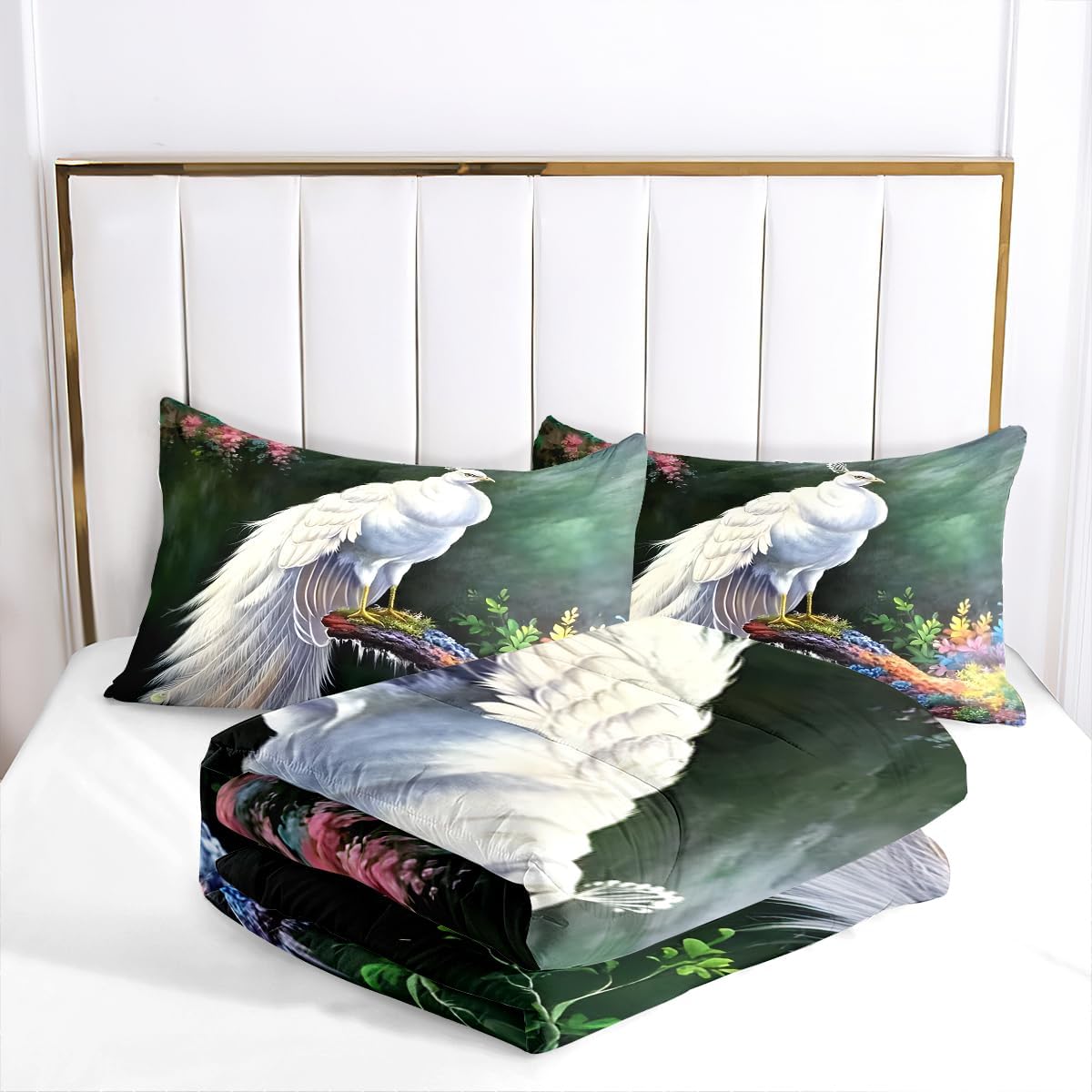 CCoutueChen Juego de edredón de 3 piezas con diseño de plumas de pájaros y animales en una bolsa, tamaño Queen, juego de edredón de pavo real blanco
