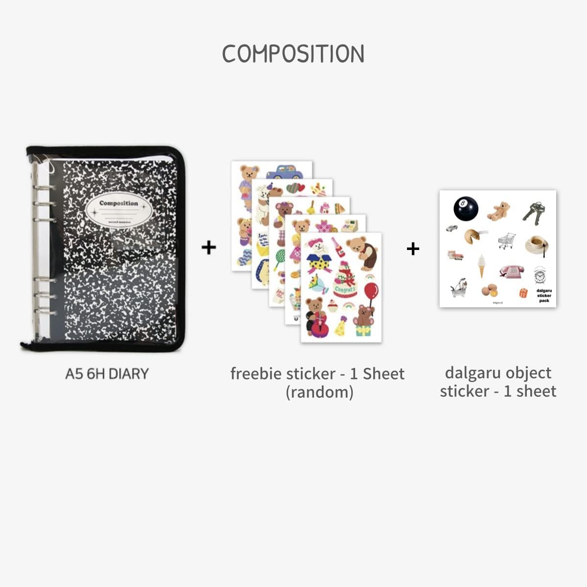 Bonita carpeta de 6 anillos coreana de composición estética recargable A5 + hoja de calcomanías, 176 páginas, cubierta suave, papelería kawaii sin