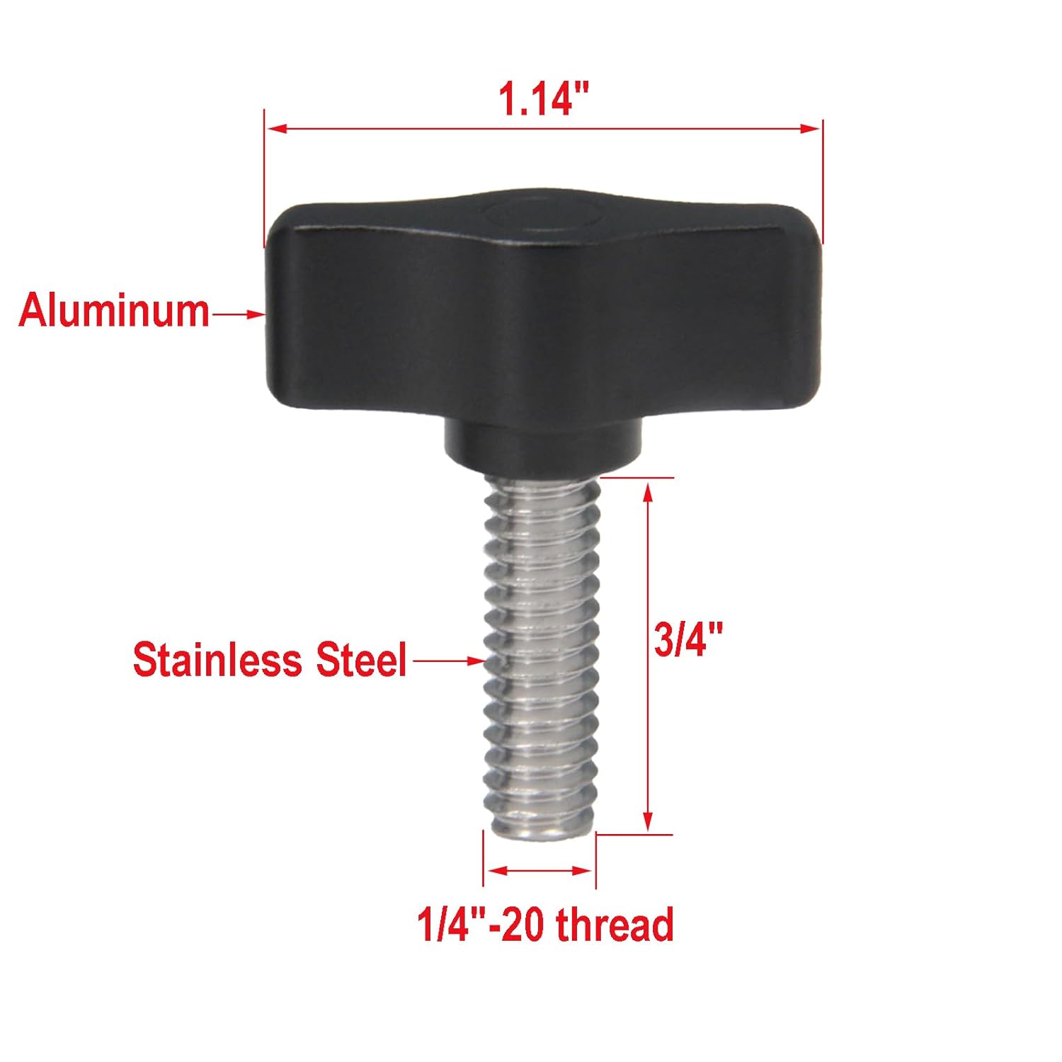 Zeberoxyz 4 tornillos de pulgar de 14″-20 x 34″ de acero inoxidable con perilla de aluminio negro roscado estándargruesa rosca-longitud 34″ (tamaño