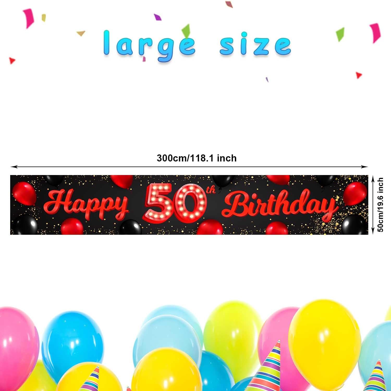 Cartel de feliz cumpleaños número 50 color rojo y negro, globos para decoración temática para patio, jardín, niñas, mujeres, princesas de 50 años,