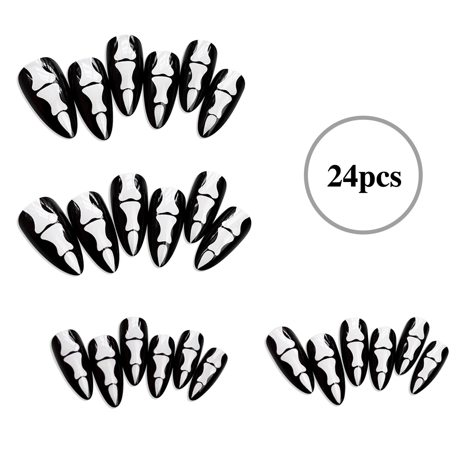 Uñas postizas a presión de huesos góticos, con temática de Halloween, 24 piezas de diseños largos horribles de cobertura completa, uñas postizas de