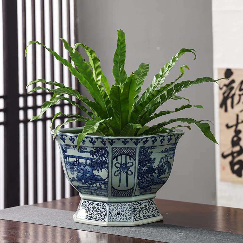 Macetero hexagonal azul y blanco de porcelana Chinoiserie Jingdezhen Jardín para el hogar Jardinera dibujada a mano Patrón de orquídea maceta con