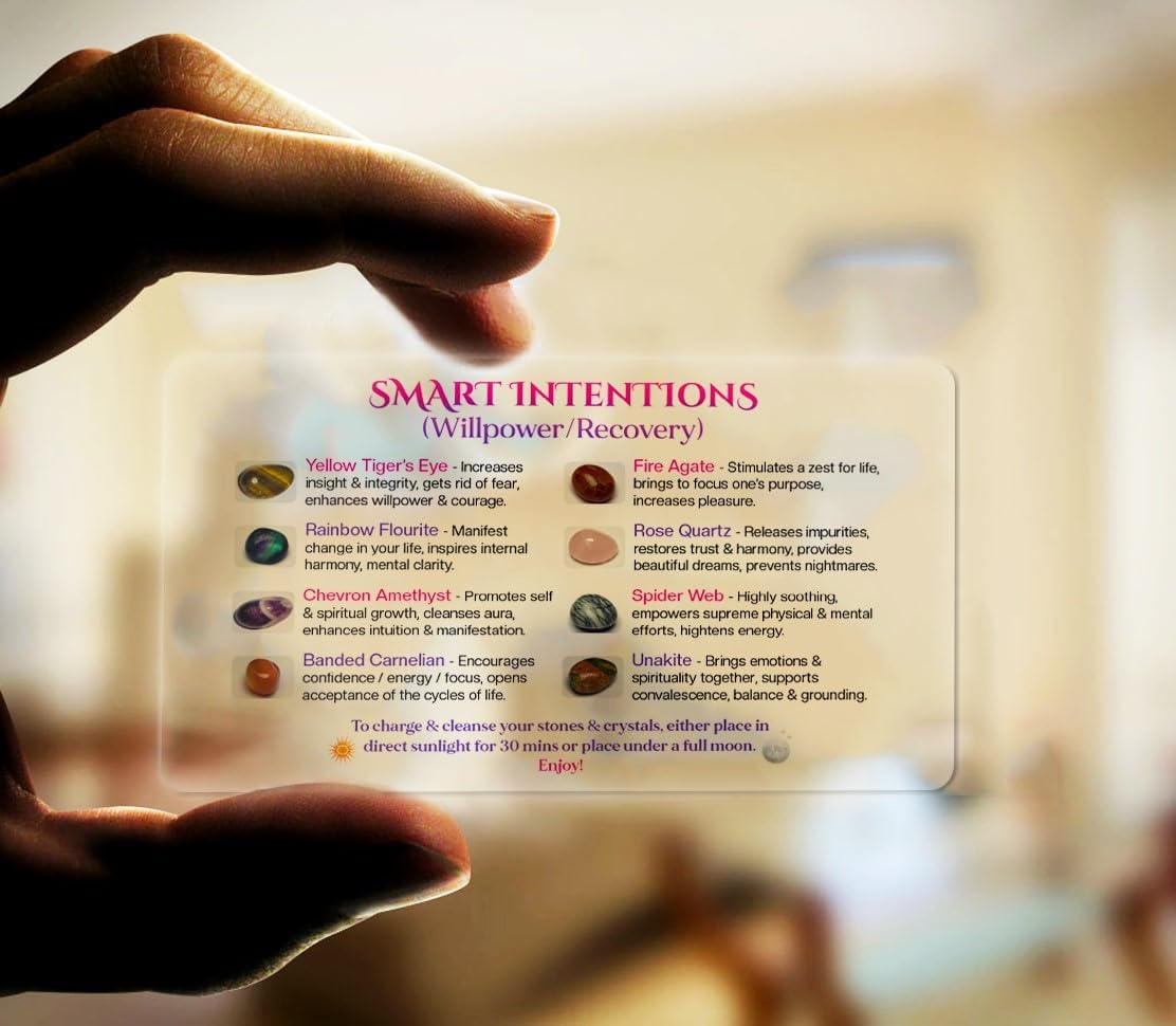 Smart Intentions – Juego de 8 piedras pulidas para alivio de la ansiedad, ojo de tigre, amatista, cuarzo rosa, ágata de fuego, unakita, cornalina,