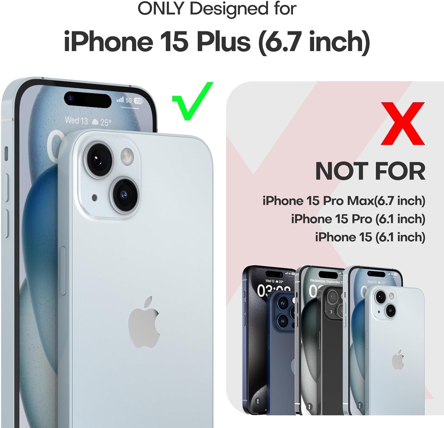 NGB Supremacy Funda compatible con iPhone 15 Plus con protector de pantalla de vidrio templado, soporte de anillocorrea para la muñeca, con