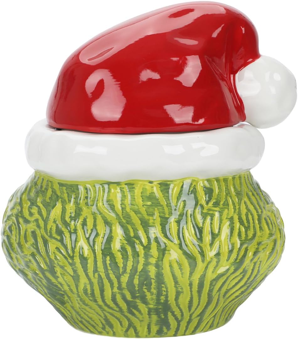 Bioworld La cabeza del personaje del Grinch con el sombrero de Papá Noel esculpido tarro de galletas de cerámica