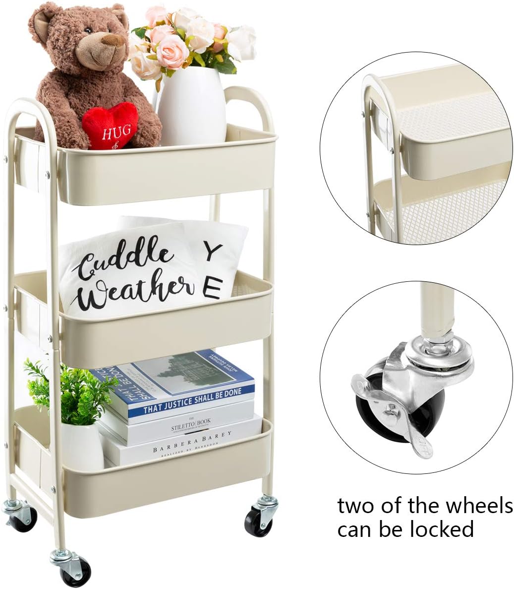 AGTEK Carrito de maquillaje, Carrito organizador móvil rodante,Carrito utilitario de metal de 3 niveles, Beige
