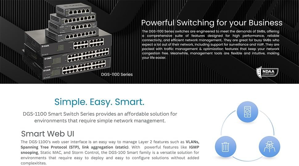 D-Link Conmutador Ethernet, 24 puertos Gigabit Easy Smart Managed Network Internet Desktop o Rack Mount (DGS-1100-24V2), negro