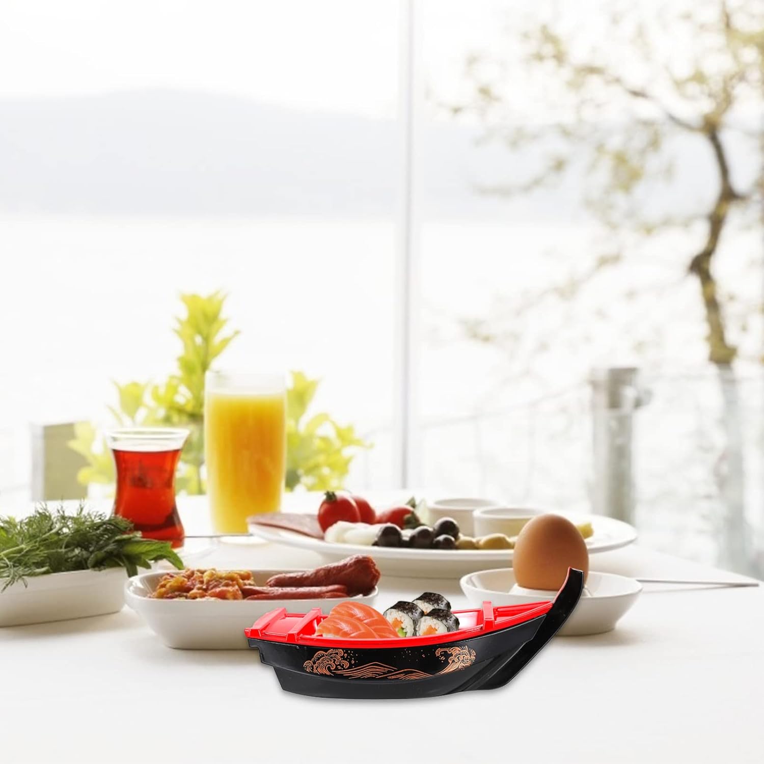 Hemoton Plato de sushi con forma de barco, plato de sushi para servir sushi, vajilla de estilo japonés, bandeja de plástico de melamina, bandeja