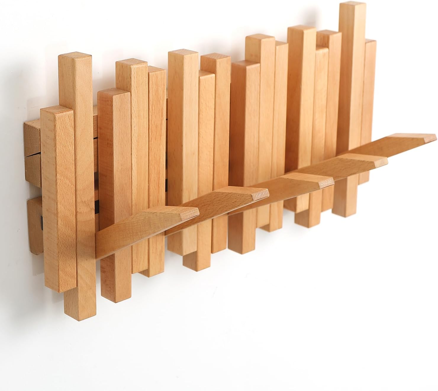 Perchero de madera natural para piano de pared  Perchero de pared  Perchero de pared abatible con 5 ganchos  Almacenamiento de pared de entrada con