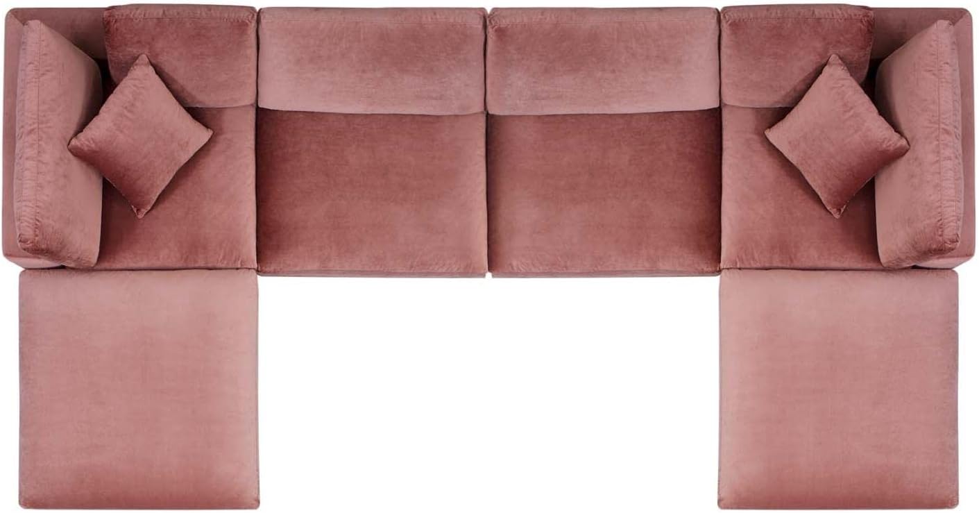 Modway Commix Sofá seccional de 6 piezas de terciopelo de alto rendimiento relleno de plumón en rosa polvoriento