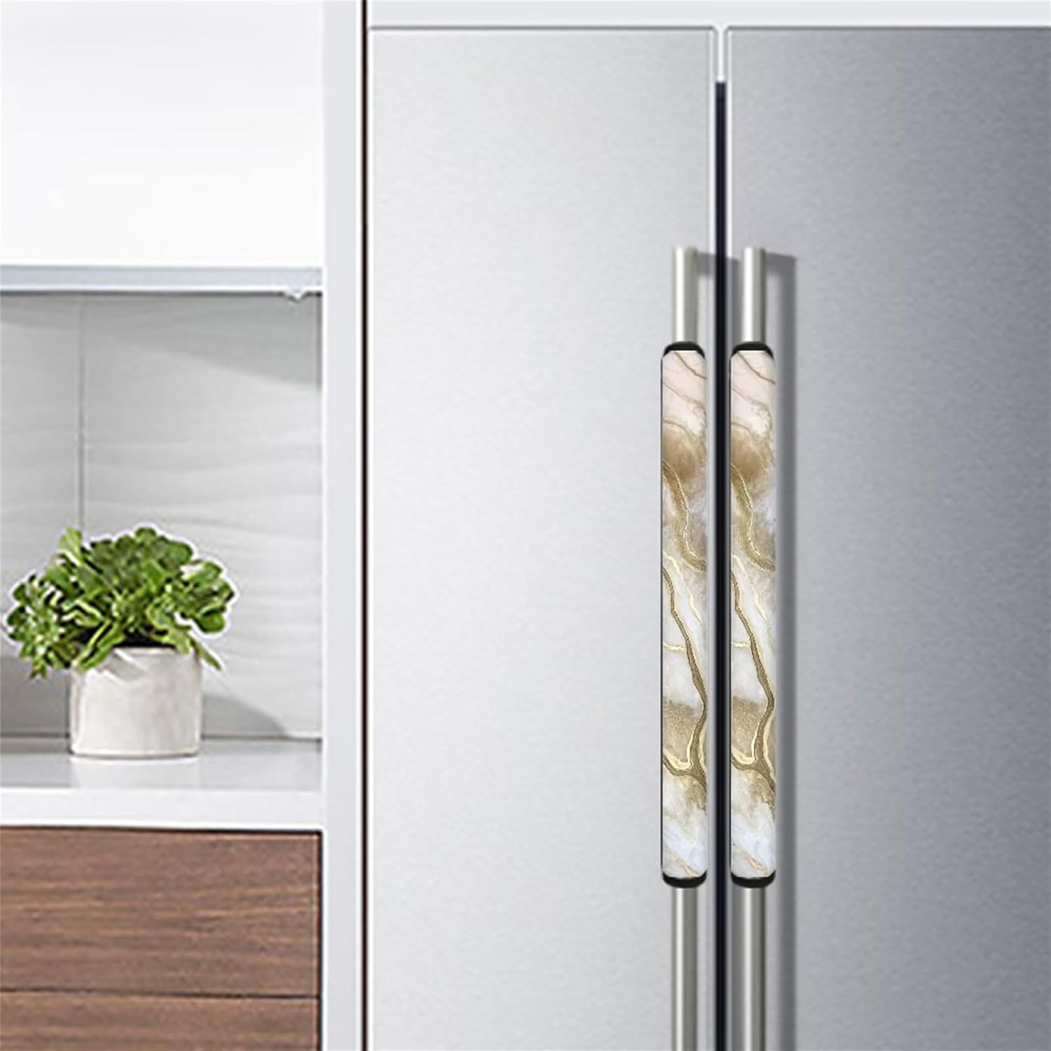 Coldinair Juego de 4 fundas para manijas de puerta de refrigerador con estampado de mármol dorado, mantienen limpios, lavables y duraderos para