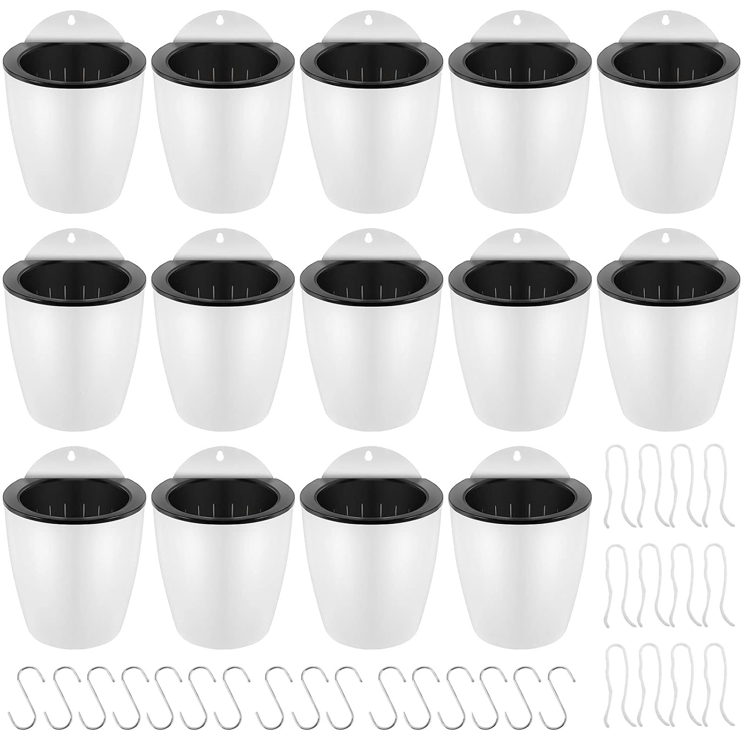 Paquete de 14 macetas de riego automático de 5 pulgadas para montar en la pared, macetas con ganchos y mechas para interiores y exteriores, color