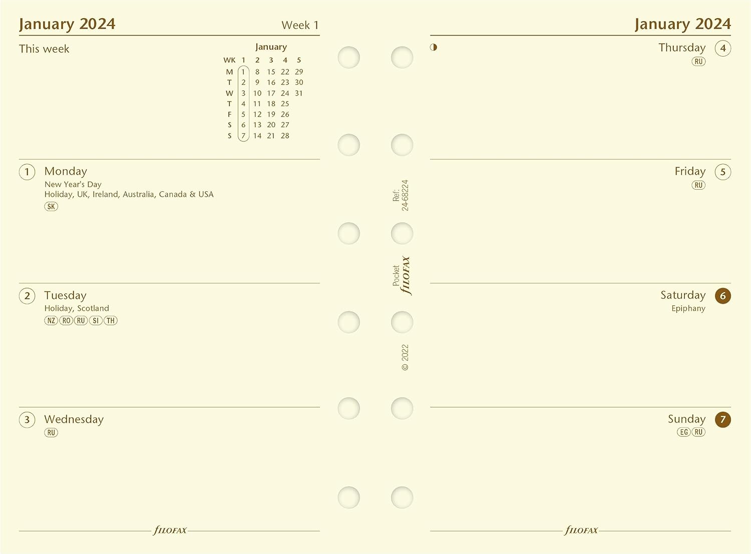 Filofax Recambio de diario de calendario, tamaño de bolsillo, semana a vista, papel crema de algodón, sin rayas, inglés, 2024 (C68224-24)