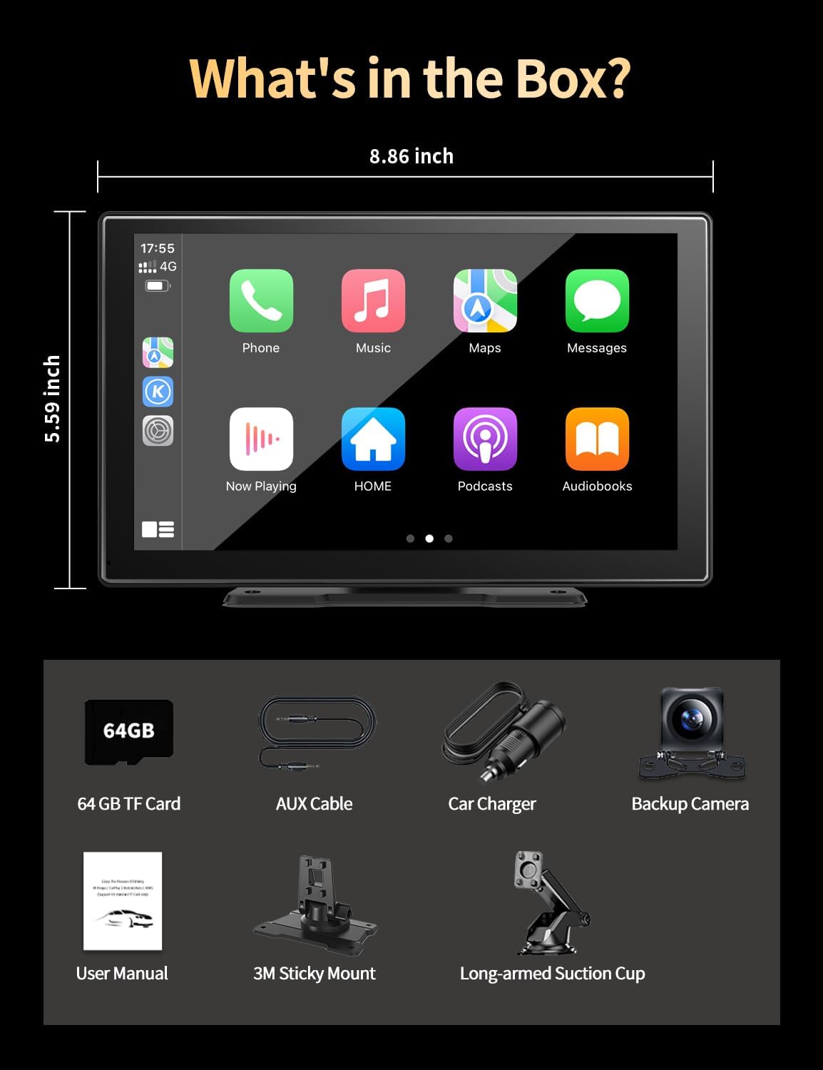 Pantalla Carplay portátil de 9 pulgadas con cámara de tablero 4K UHD, Apple Carplay inalámbrico y Android Auto Car Stereo, ADAS, cámara de respaldo