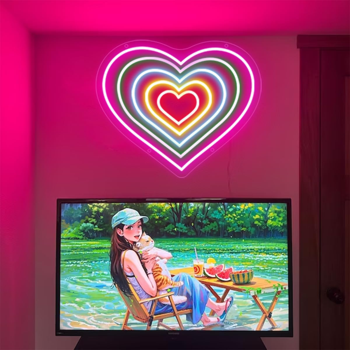 Letrero de luz LED en forma de corazón con forma de corazón para decoración de pared, letrero de luz de neón arcoíris de corazón rosa para