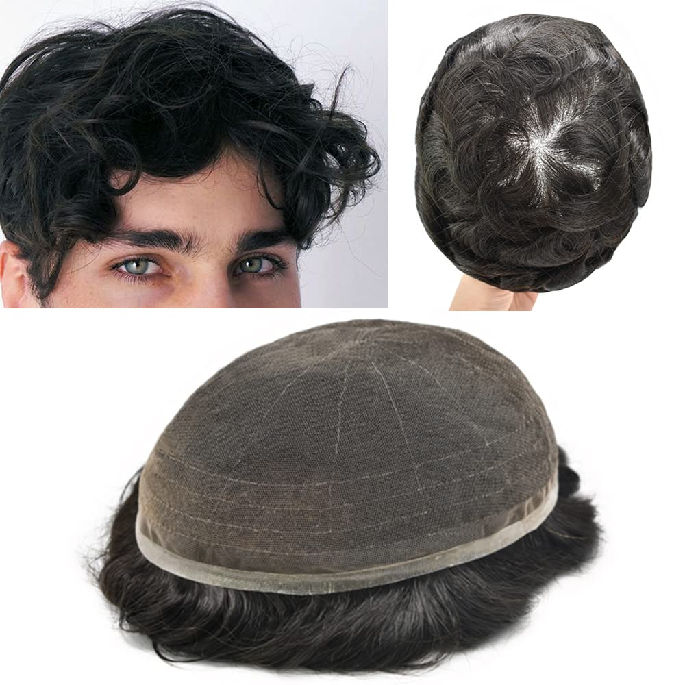 Tupé para hombres, pieza de cabello humano real para hombres, encaje suizo tipo tupé, sistema de cabello atado a mano para hombres, postizo