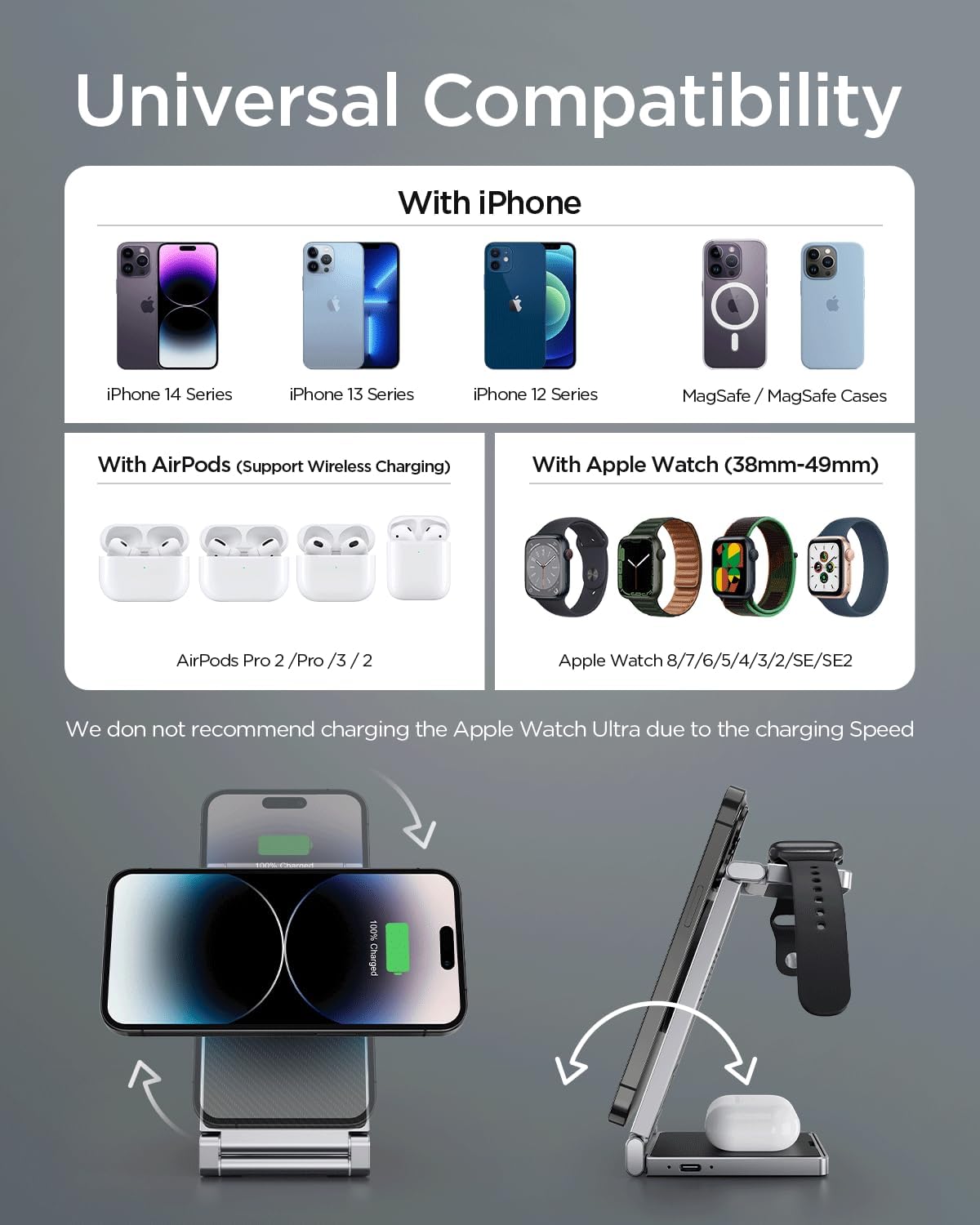 Hohosb – Estación de carga magnética, 3 en 1, plegable, de aleación de zinc, cargador inalámbrico compatible con cargador Magsafe para iPhone