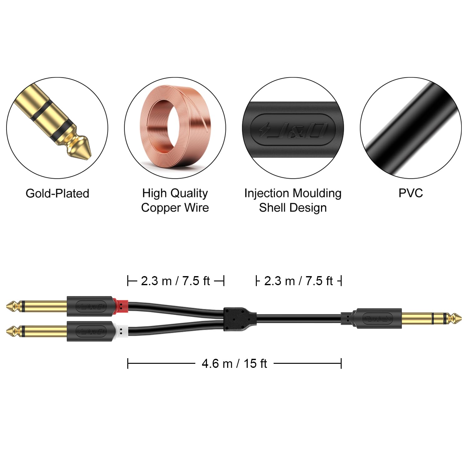 J&D Cable de inserción estéreo TRS de 14 de pulgada, chapado en oro, serie Audiowave de 0.250 in 14 pulgadas TRS macho a doble 0.250 in 14 pulgadas