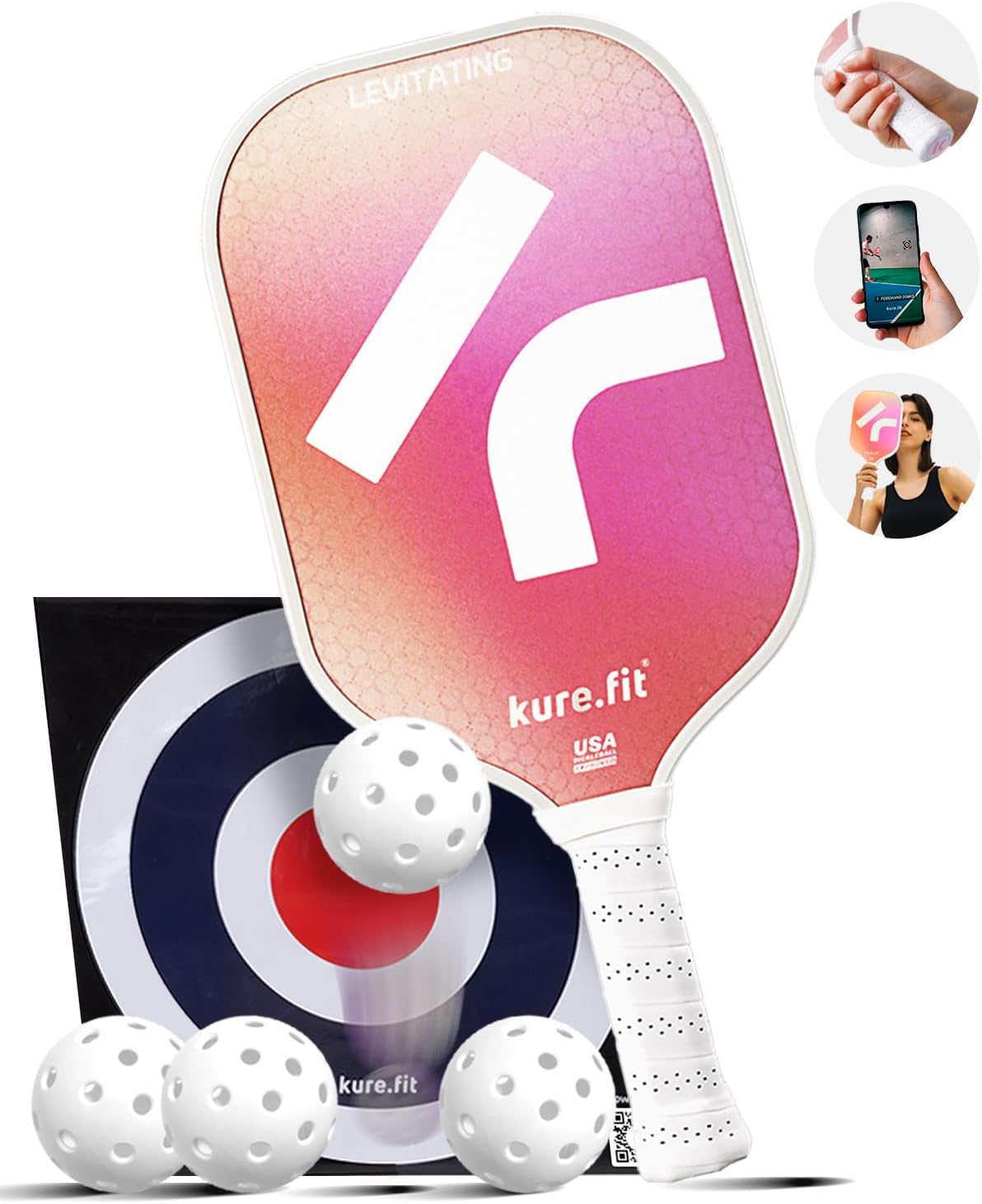 kure.fit Juego de paletas de pickleball, aprobado por USAPA, 4 bolas, almohadilla de entrenamiento, video tutorial de práctica, ligero, fácil