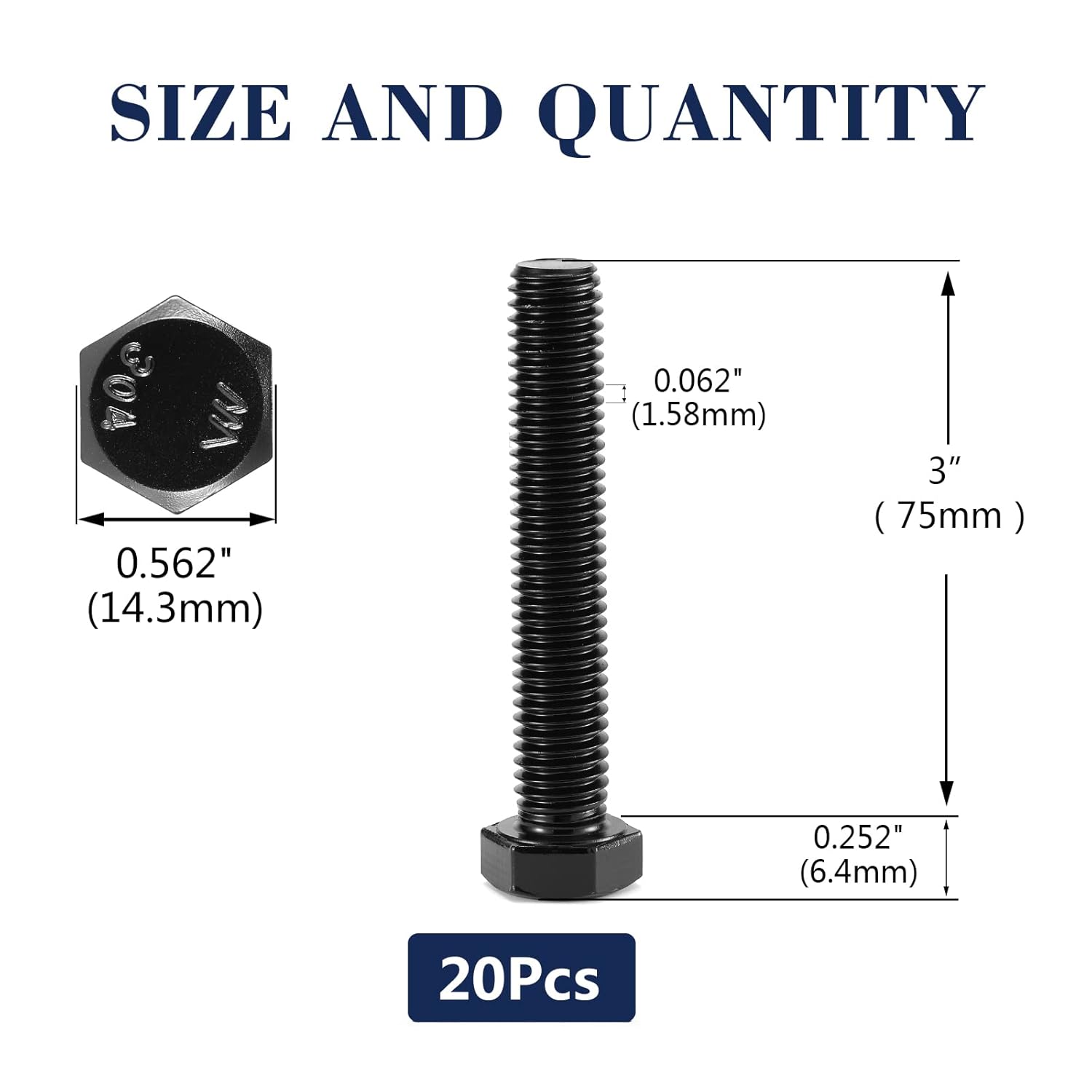 Tornillo de cabeza hexagonal de 38-16 x 3 pulgadas, 20 piezas de acero inoxidable 18-8 (304), totalmente roscado, óxido negro por SG TZH