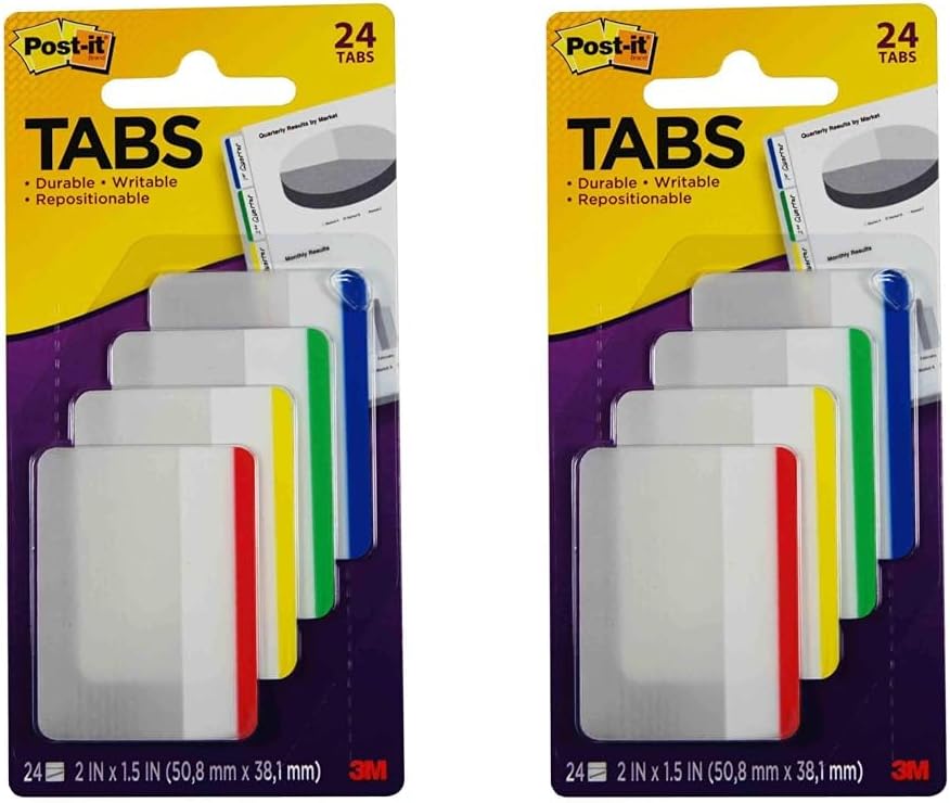 Post-it Pestañas, 2 pulgadas, forradas, colores primarios surtidos, 6 pestañascolor, 4 colores, 24 pestañaspaquete (686F-1) (paquete de 2)