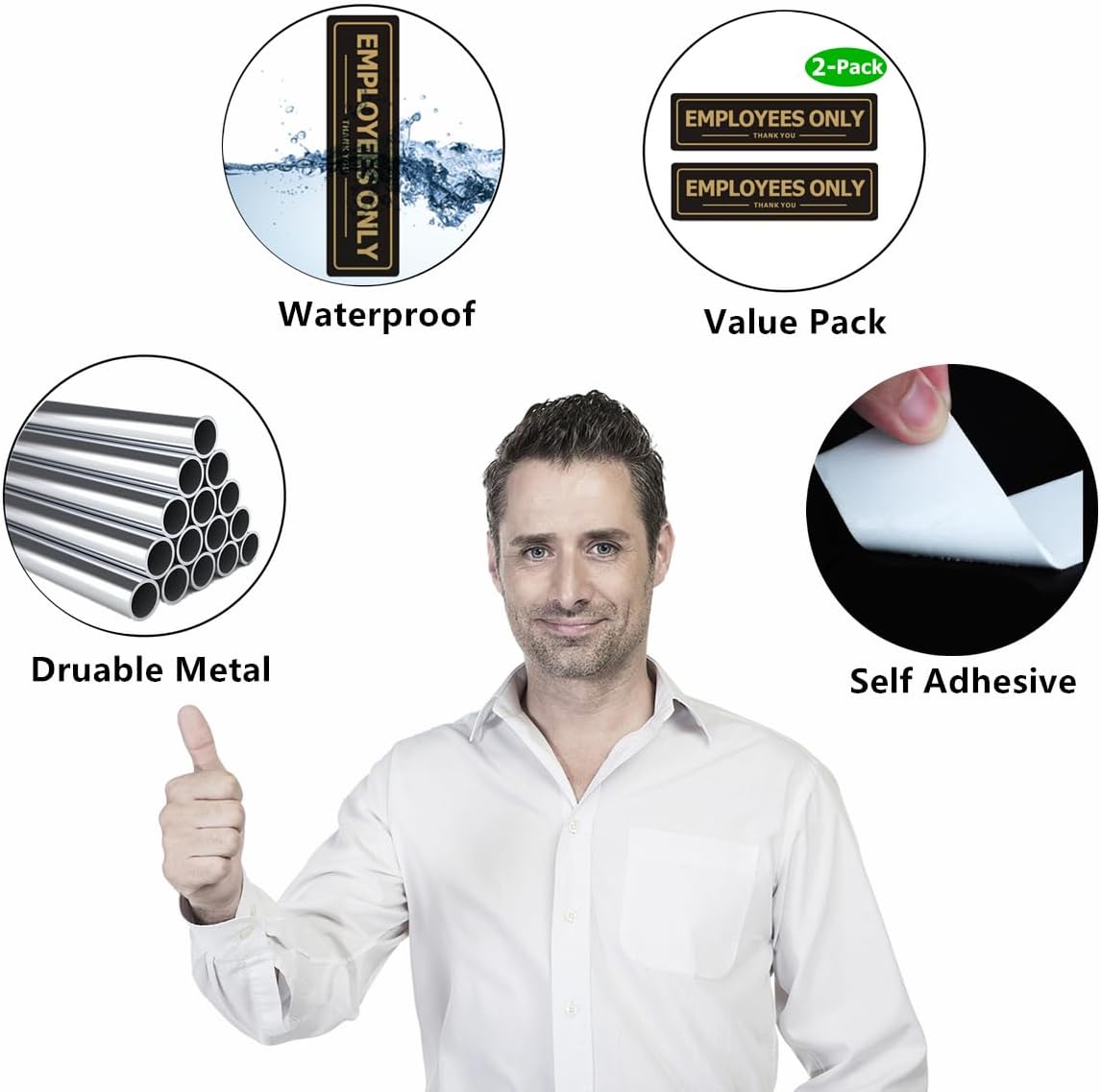 Letrero de solo empleados, letreros de puerta de oficina para pared de tienda de negocios, metal de aluminio con fuerte autoadhesivo, Negro dorado