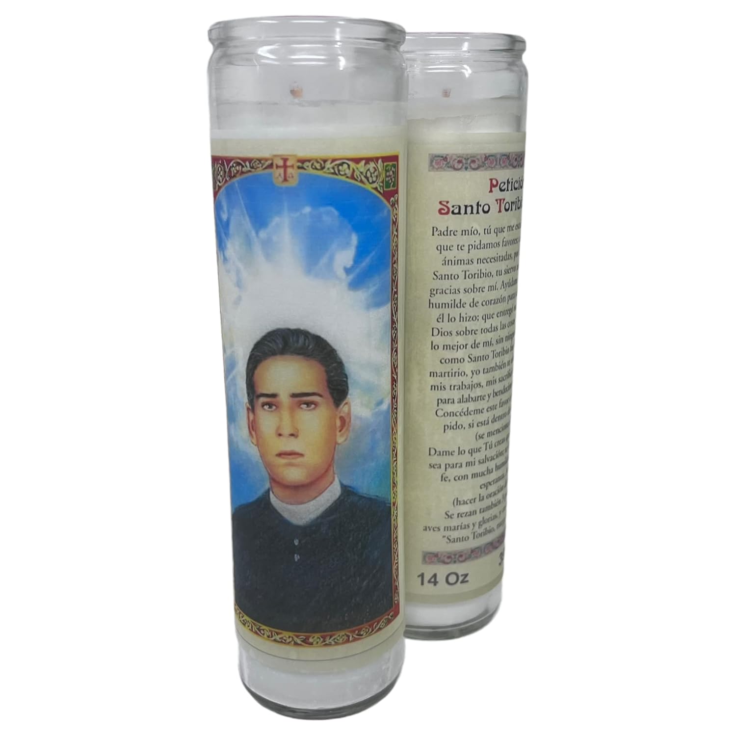 veladora de rezo Santo toribio Romo Patrono de los inmigrantes oración en español al reverso veladora blanca sin aroma