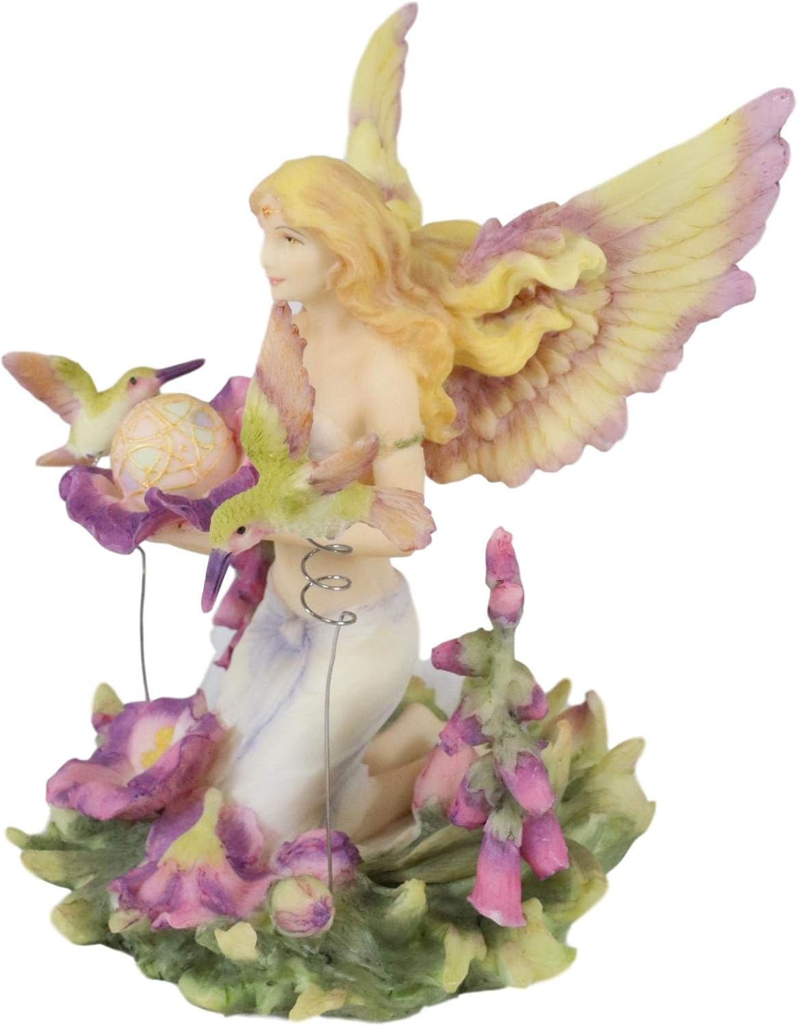 Ebros Gift Jody Bergsma Faith Fairy Naiad – Estatua de flores moradas con colibríes, 5.75 pulgadas de alto, figura mágica de jardín de hadas en