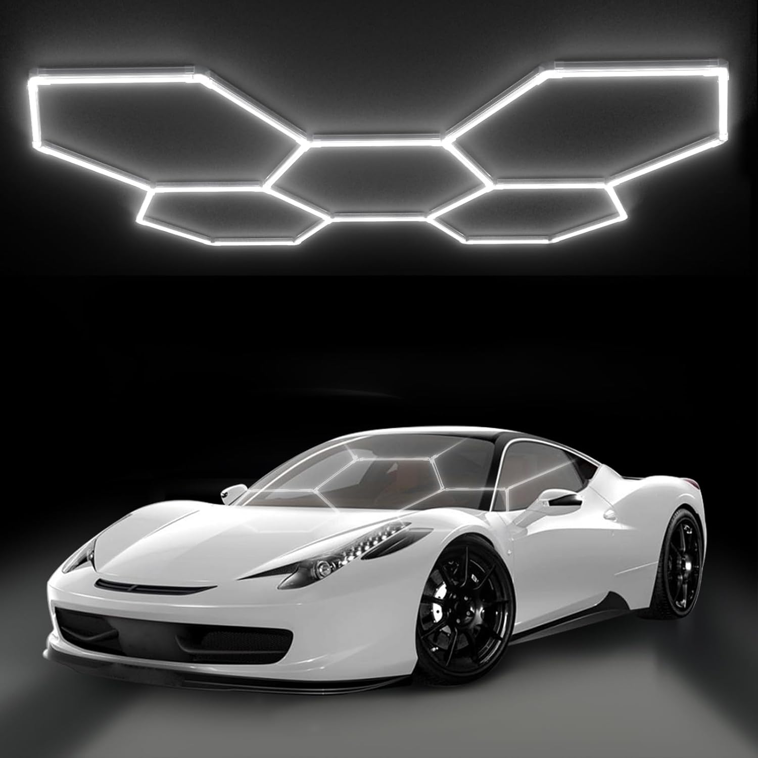 HYPERLITE Luces hexagonales de garaje, luces de panal de abeja, 5 sistemas de rejilla de 6500 K, luz de techo hexagonal para detalles de automóvil,