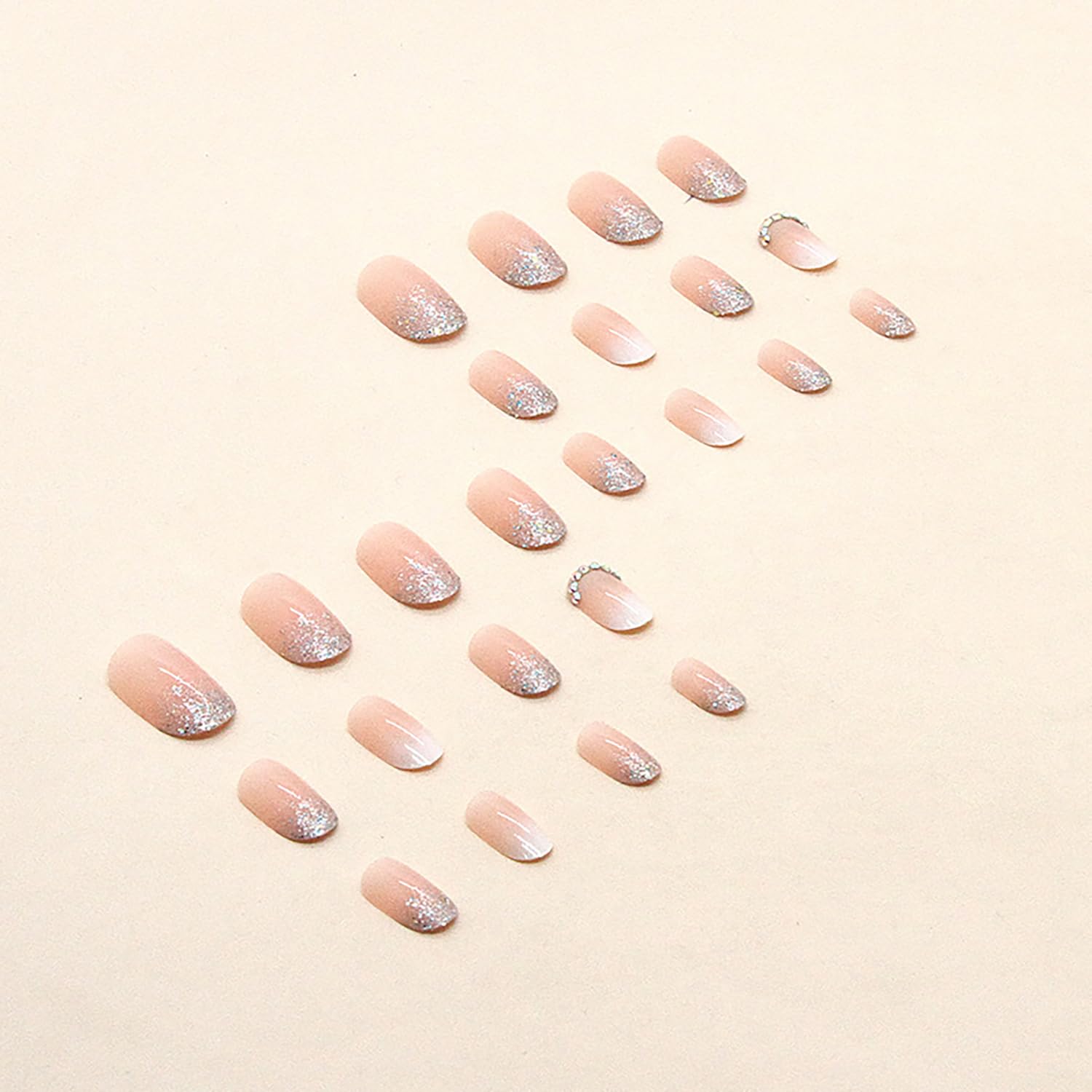 Uñas postizas a presión ovaladas medianas, uñas postizas artificiales con diseño de lentejuelas de diamantes de imitación, cobertura completa,