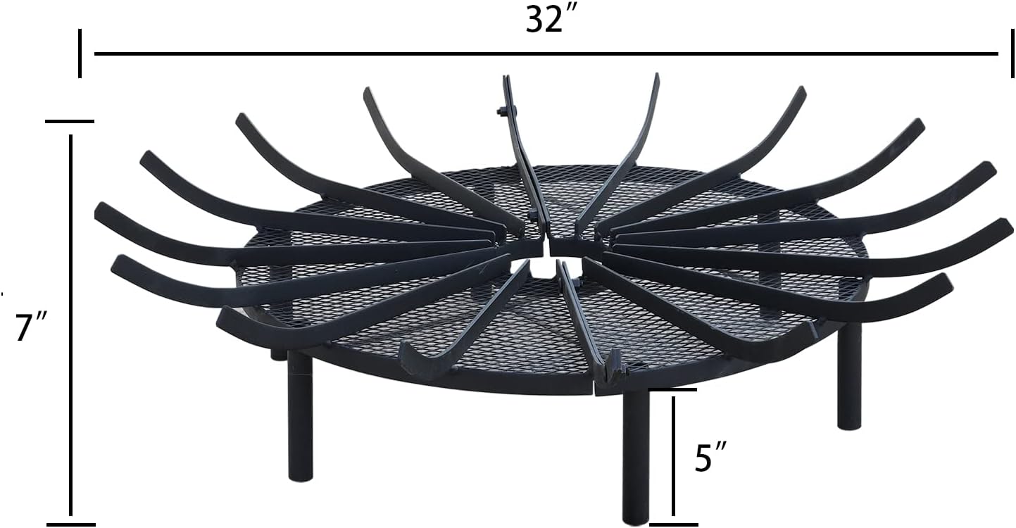 Aoodor Rejilla para hoguera para exteriores de 32 pulgadas, construcción de hierro resistente con pinzas de cortesía de color negro, perfecta para